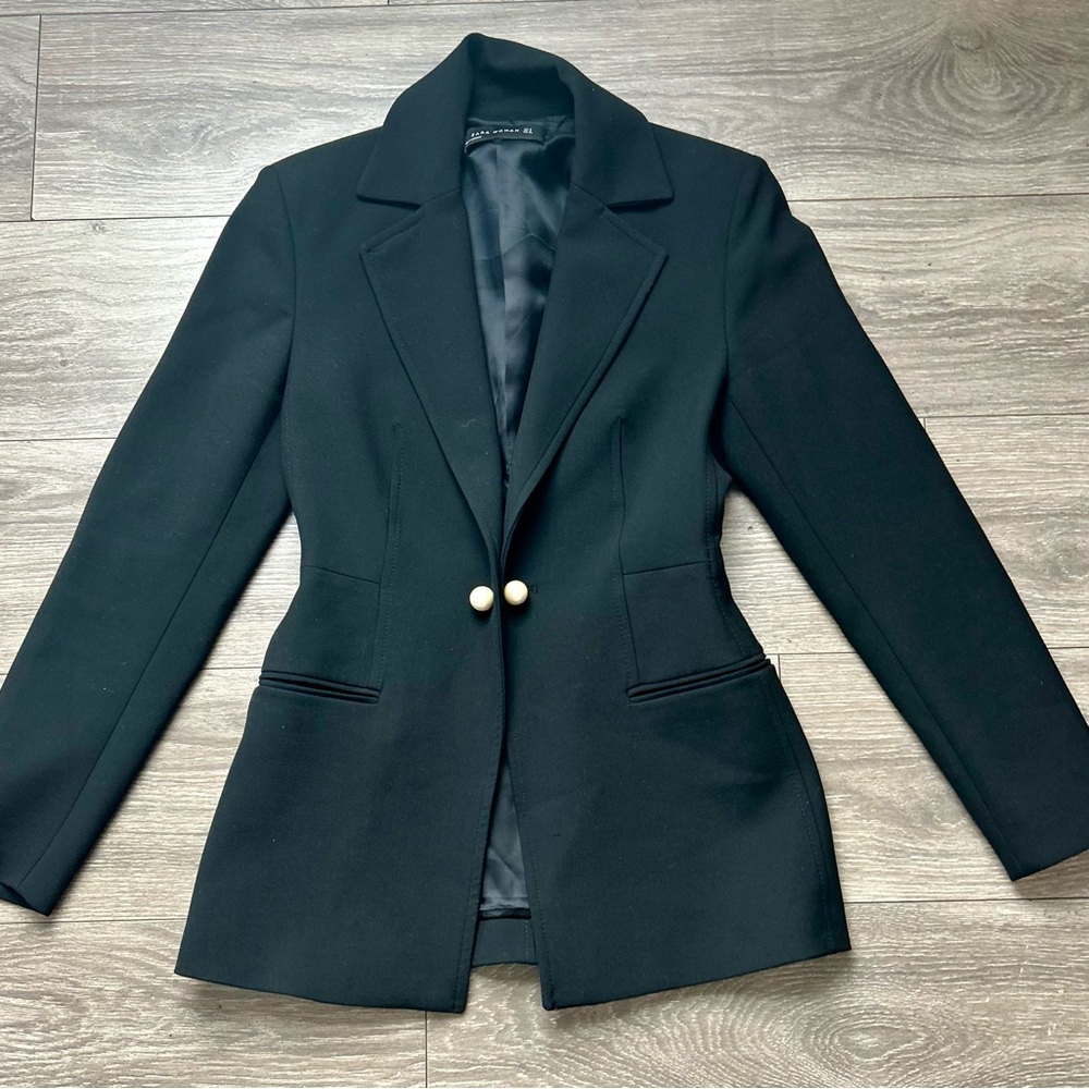 Zara Classic Black Blazer with Pearl Buttons